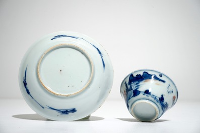 Eight Chinese Imari-style cups and saucers with landscapes, Kangxi