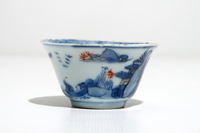 Eight Chinese Imari-style cups and saucers with landscapes, Kangxi