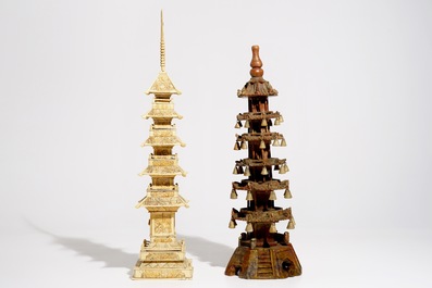 Three large Chinese and Japanese bone and soapstone pagoda, a soapstone seal and a small box, 19/20th C.