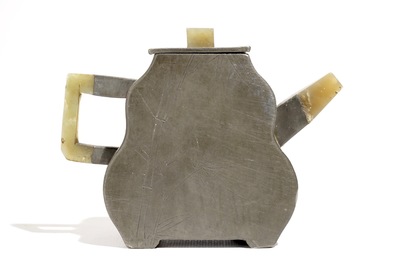 A Chinese inscribed pewter-encased Yixing stoneware teapot with jade, 19/20th C.