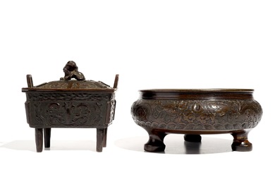 Two Chinese bronze incense burners, one with cover, 19/20th C.