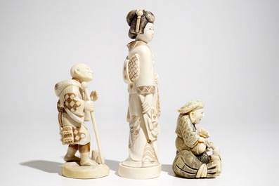 Three signed Japanese ivory okimono, Meiji, 19th C.