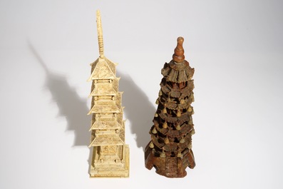 Three large Chinese and Japanese bone and soapstone pagoda, a soapstone seal and a small box, 19/20th C.