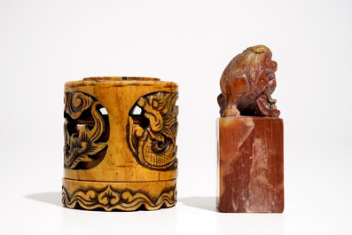 Three large Chinese and Japanese bone and soapstone pagoda, a soapstone seal and a small box, 19/20th C.