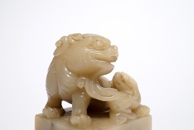 Een Chinese jade stempel met boeddhistische leeuw, 19/20e eeuw