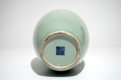 A Chinese monochrome celadon vase, Qianlong mark, 19/20th C.