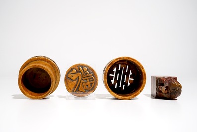 Three large Chinese and Japanese bone and soapstone pagoda, a soapstone seal and a small box, 19/20th C.