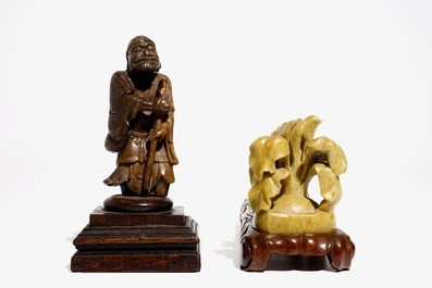 A Chinese soapstone Cultural Revolution group, 20th C. and a figure of a sage, 19th C.
