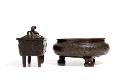 Two Chinese bronze incense burners, one with cover, 19/20th C.