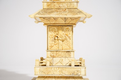 Three large Chinese and Japanese bone and soapstone pagoda, a soapstone seal and a small box, 19/20th C.