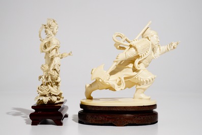 A Chinese ivory warrior and Chang'e on wooden stands, 19/20th C.