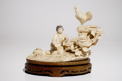 A Chinese ivory group with a girl on a wooden stand, 2nd quarter 20th C.