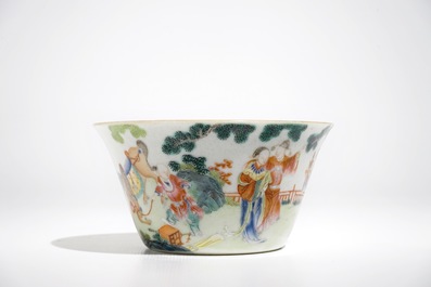 A small Chinese famille rose bowl with figural design, Jiaqing mark and period
