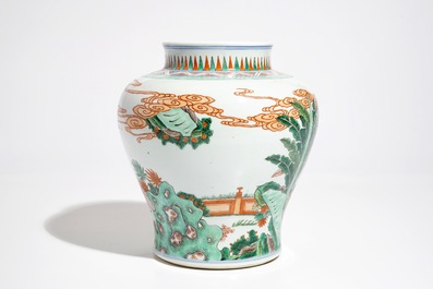 A Chinese wucai baluster vase with a kylin and a phoenix, 19th C.