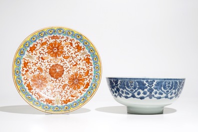 A Chinese blue and white bowl, Qianlong, and an iron red dish, 19th C.