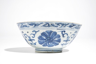 A Chinese blue and white bowl and a qilin plate, Ming, and a Cizhou plate, Jin/Song