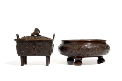 Two Chinese bronze incense burners, one with cover, 19/20th C.