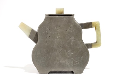 A Chinese inscribed pewter-encased Yixing stoneware teapot with jade, 19/20th C.