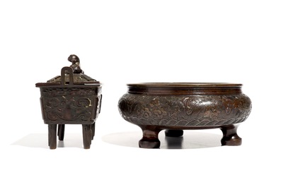 Two Chinese bronze incense burners, one with cover, 19/20th C.