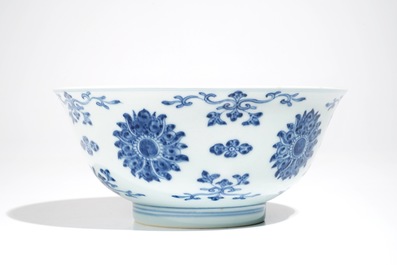 A Chinese blue and white lotus bowl, Qianlong mark and period