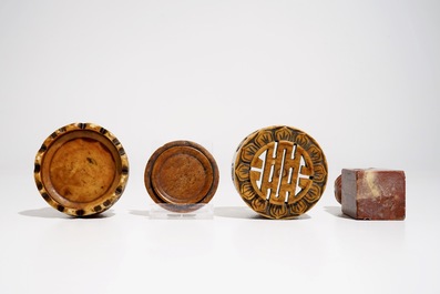 Three large Chinese and Japanese bone and soapstone pagoda, a soapstone seal and a small box, 19/20th C.