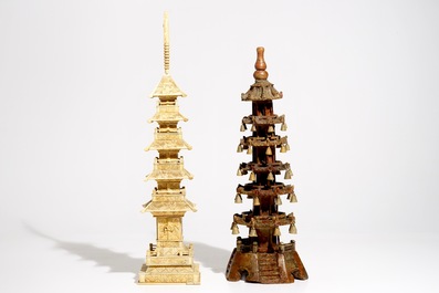 Three large Chinese and Japanese bone and soapstone pagoda, a soapstone seal and a small box, 19/20th C.