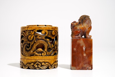 Three large Chinese and Japanese bone and soapstone pagoda, a soapstone seal and a small box, 19/20th C.