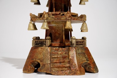 Three large Chinese and Japanese bone and soapstone pagoda, a soapstone seal and a small box, 19/20th C.