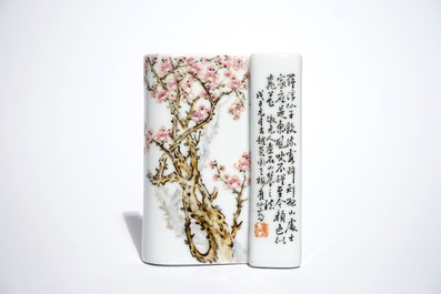 A Chinese famille rose wrist rest with calligraphy, 20th C.