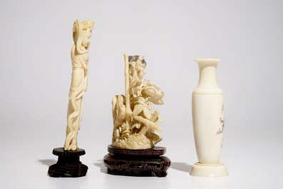 Two Chinese ivory figures and a vase, first half 20th C.