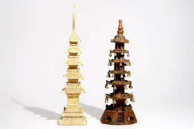 Three large Chinese and Japanese bone and soapstone pagoda, a soapstone seal and a small box, 19/20th C.