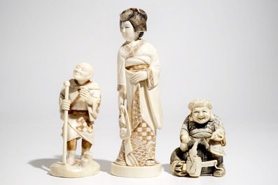 Three signed Japanese ivory okimono, Meiji, 19th C.