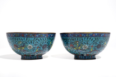 A pair of Chinese cloisonn&eacute; bowls, Jingtai mark, 19th C.