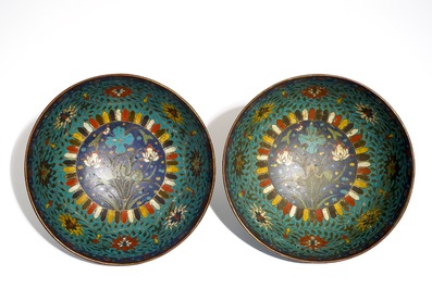 A pair of Chinese cloisonn&eacute; bowls, Jingtai mark, 19th C.