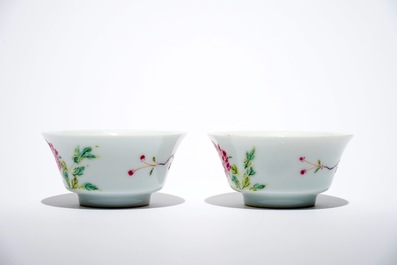 A pair of Chinese famille rose boneless style cups, Yongzheng mark, 20th C.