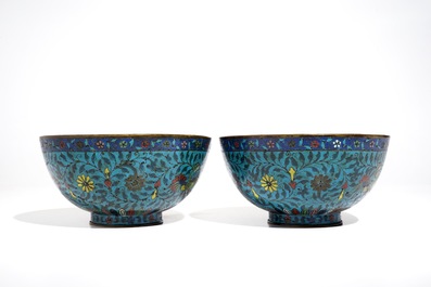 A pair of Chinese cloisonn&eacute; bowls, Jingtai mark, 19th C.