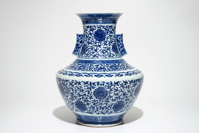 A Chinese blue and white lotus scroll hu vase, Qianlong mark, 19th C.