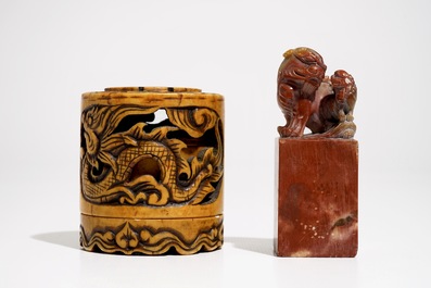 Three large Chinese and Japanese bone and soapstone pagoda, a soapstone seal and a small box, 19/20th C.