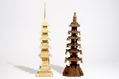 Three large Chinese and Japanese bone and soapstone pagoda, a soapstone seal and a small box, 19/20th C.