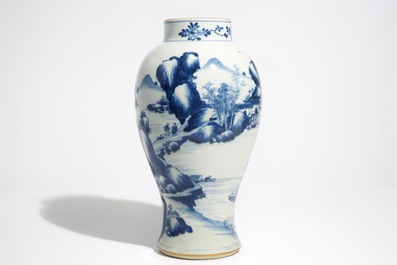 A Chinese blue and white baluster vase with landscape design, Kangxi