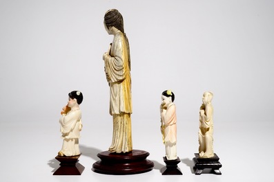 Four Chinese ivory figures on wooden bases, 19/20th C.
