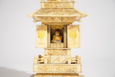 Three large Chinese and Japanese bone and soapstone pagoda, a soapstone seal and a small box, 19/20th C.