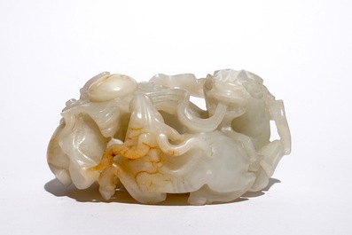 Un groupe sculpt&eacute; en jade blanc au sujet de trois b&eacute;liers, Chine, 19/20&egrave;me
