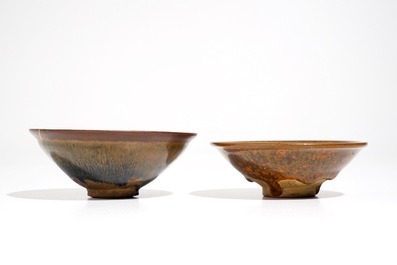 A Chinese kintsugi-repaired Jian hare's fur tea bowl, Song, and a red-splashed Jian bowl, Song or later