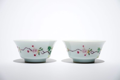 A pair of Chinese famille rose boneless style cups, Yongzheng mark, 20th C.