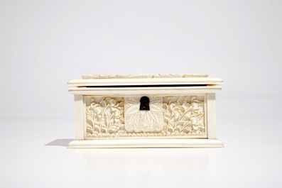 A rectangular Chinese carved ivory casket, Canton, 19th C.