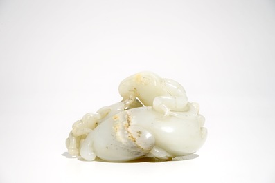 A Chinese white jade carving of a &quot;Three rams&quot; group, 19/20th C.