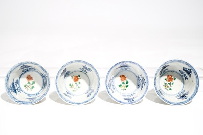 Four Chinese famille verte cups and saucers with pheasants and flowers, Kangxi