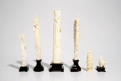 Six figures en ivoire sculpt&eacute;, Inde et Chine, d&eacute;but du 20&egrave;me
