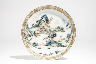A Chinese famille rose cup and saucer with landscape design, Yongzheng